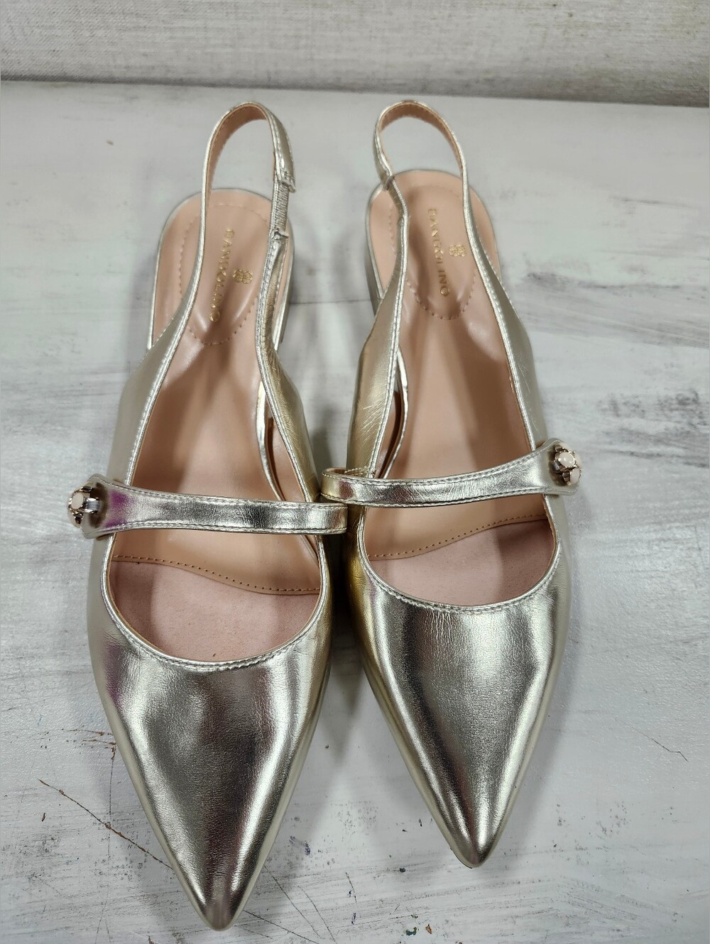 Bandolina Metallic Gold Pointed Slingback Flats with Mary Jane Strap - Picture 1 of 4